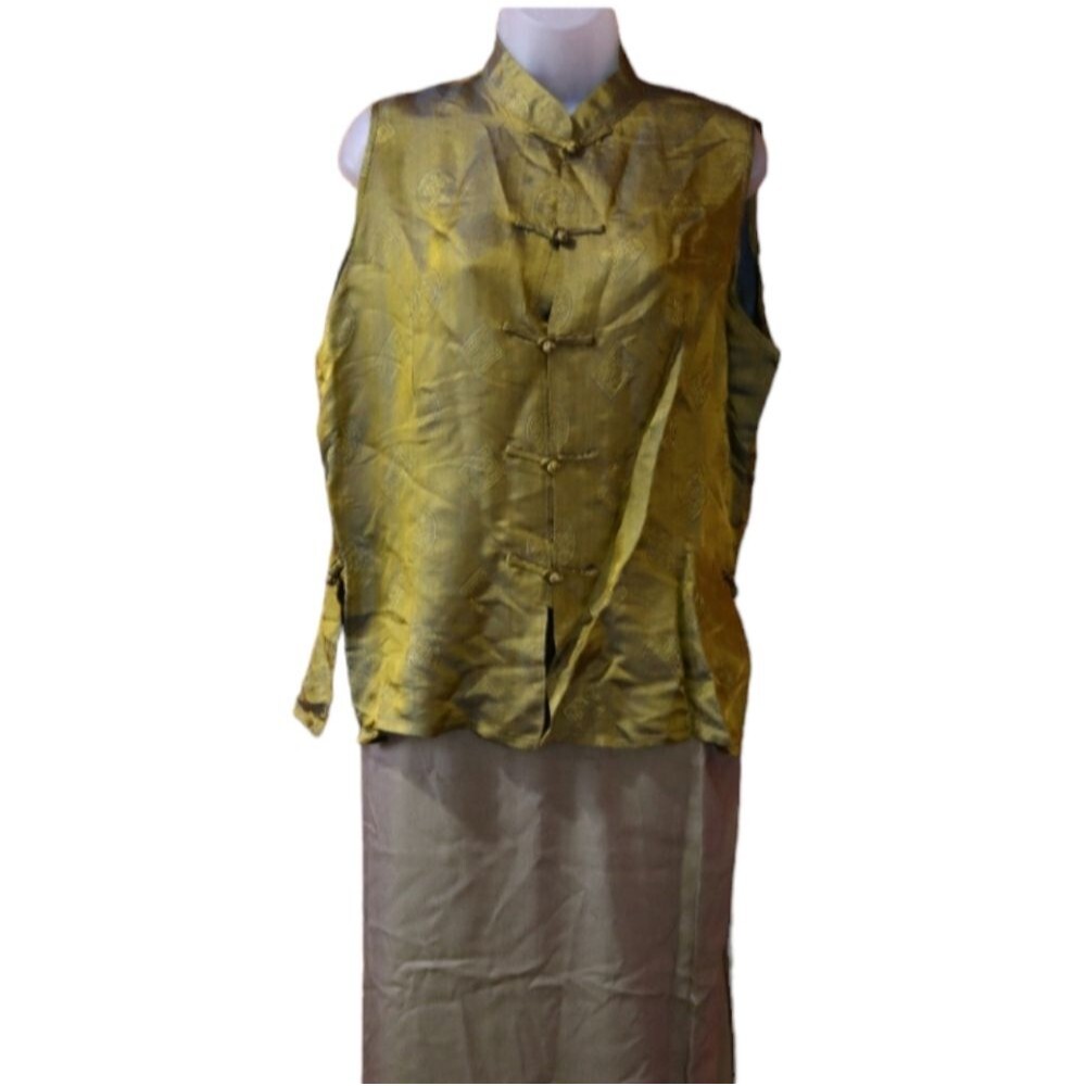 Vintage XL 100% Silk Top & Wrap Skirt Set - Muted Green Cheongsam Style